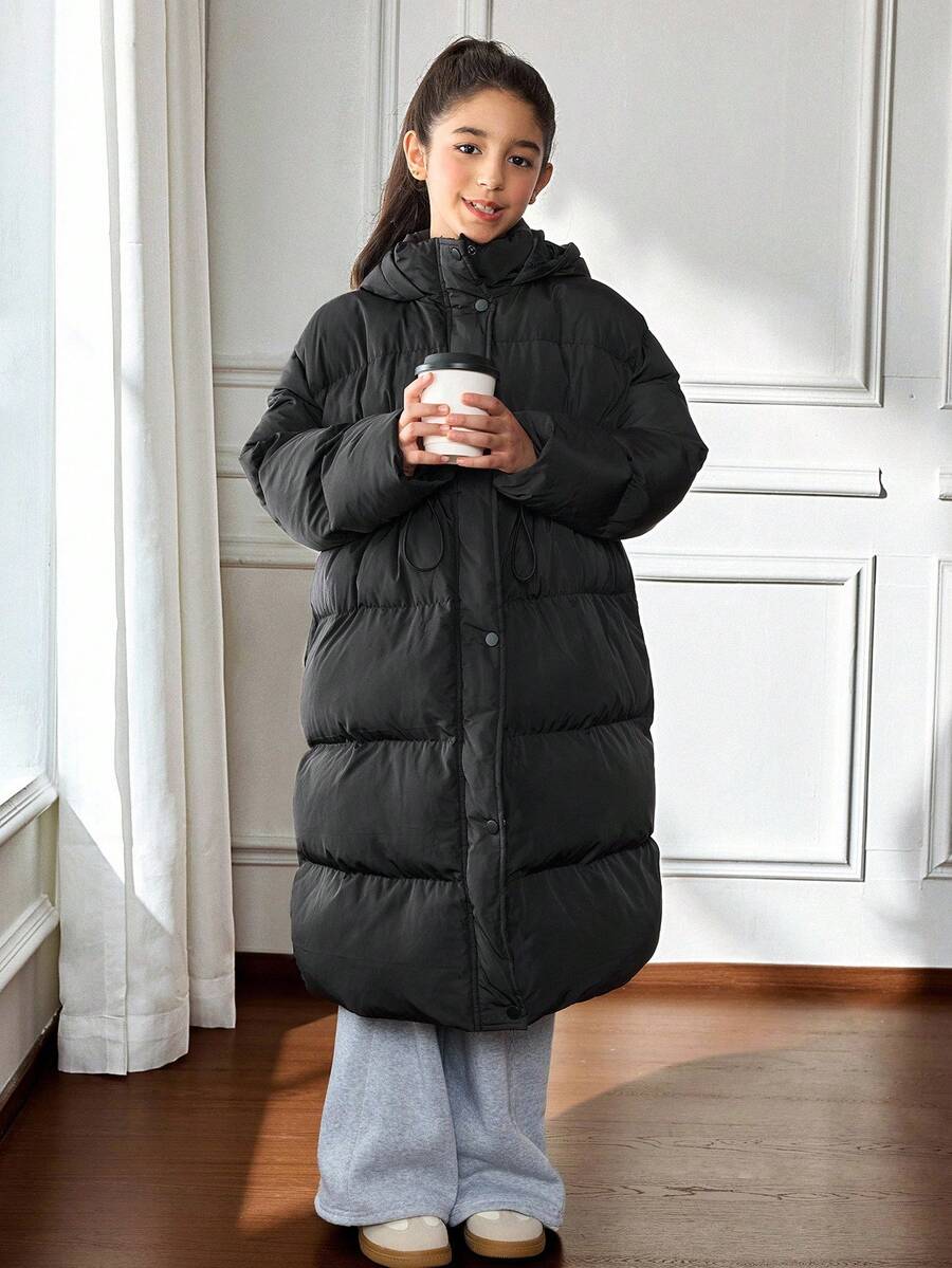 SHEIN 秋冬款青少年女童宽松休闲简约舒适连帽收腰长款厚夹克 - 黑色 - 查看 1