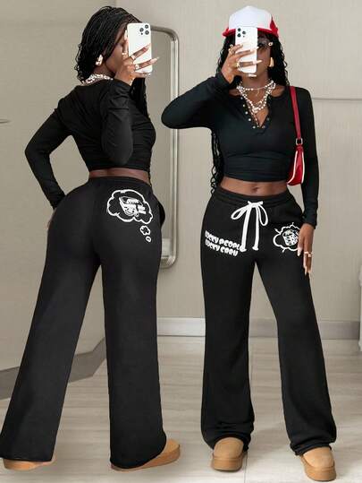 Coolane Women's Fall/Winter Cool Girl Streetwear Going Out Sport Graphics Comfortable Sport Black Pants