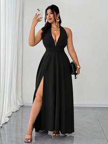 SHEIN Clasi Plus Size Women's Solid Color Deep V-Neck Slit Hem Sexy Halter Dress - Black - View 2