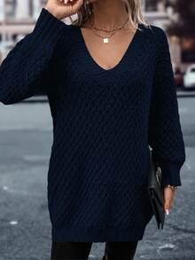 EMERY ROSE Casual Solid Color V-Neck Oversized Sweater, Autumn/Winter - Navy Blue - View 5