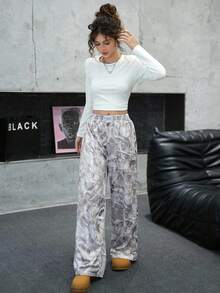 SHEIN Teen Girls Green Leaf Print Waistband Contrast Trim Loose Pants, Casual, Unisex, Outdoor Fall Winter