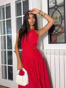 Ronhire New Spring/Summer Casual Vacation One-Shoulder Waist Hollow Asymmetric Design Backless Crisscross Strap Dress - B