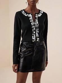 Vesra Women's Round Neck Long Sleeve Jacket With Metal Zipper, Sequin & Shiny Trim, Thin Cardigan Fall Winter Cloth For Women - Multicolor - View 6