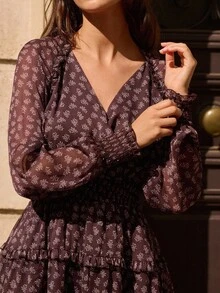 浪漫花卉印花迷你连衣裙，荷叶边细节秋季女装秋季连衣裙秋季女装秋冬 - 彩色 - 查看 5