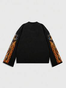 ROMWE MEN Street Life Men's Retro Graphic Eye Print Loose Cropped Long Sleeve T-Shirt, For Fall - Black - View 2