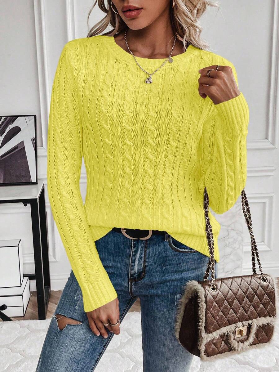 EMERY ROSE Suéter de cuello redondo de unicolor informal, otoño - Amarillo - Ver 1