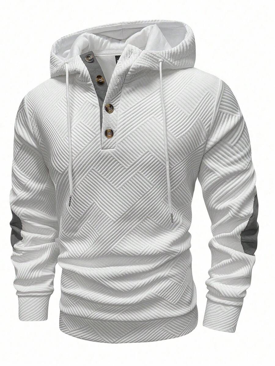 Manfinity Homme Men's Casual Versatile Contrast Color Patchwork Hoodie With Buttons, Casual, Fall - White - View 1