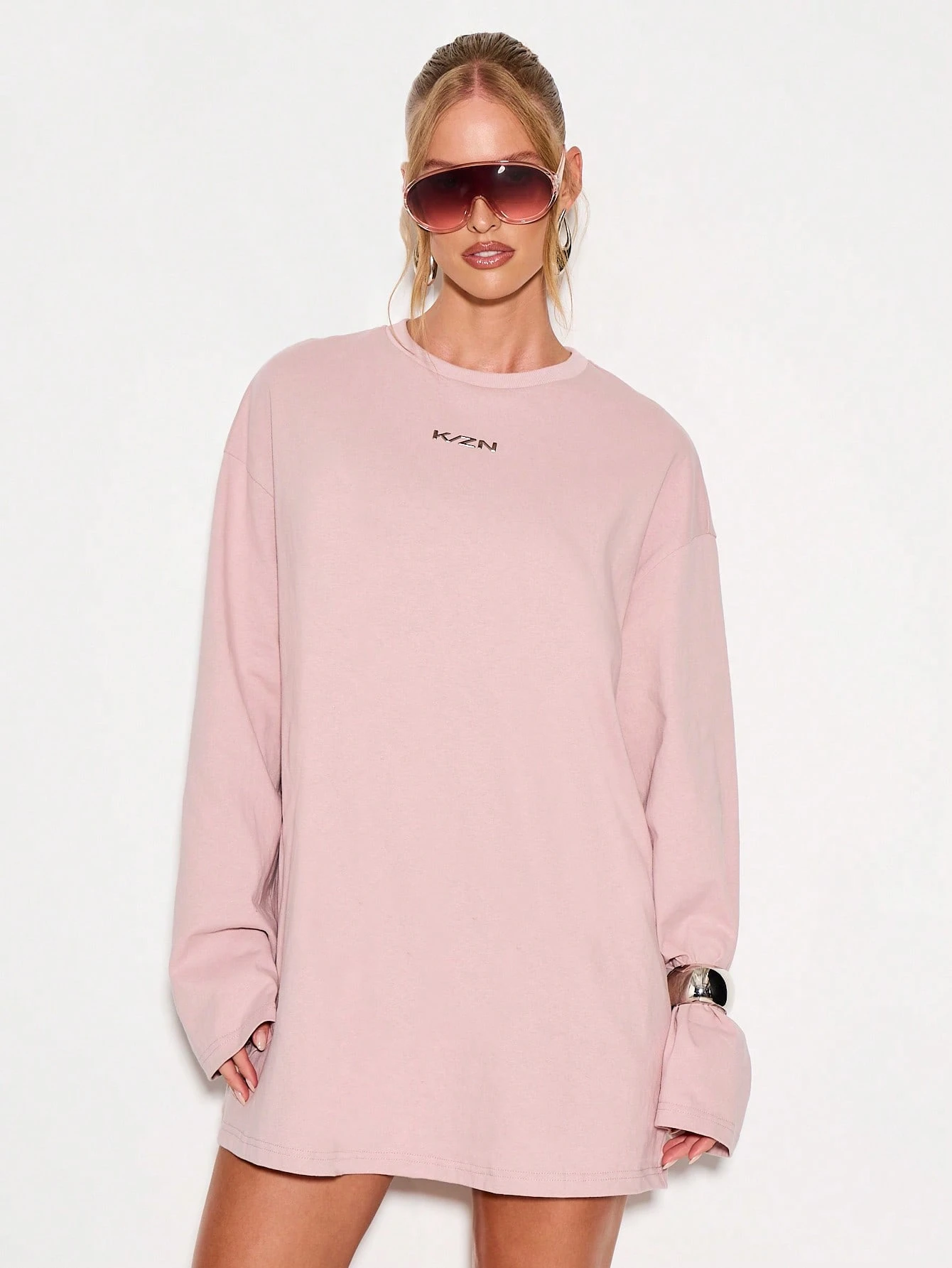 KIZN Oversized Long Sleeve Mini T-Shirt Dress With Logo