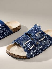 Solecia 女士圆头流苏满钻双扣平底舒适日常宴会通勤时尚百搭女鞋 - 藏蓝色 - 查看 5