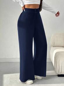 SHEIN EZwear 加大码蓝色休闲高腰直筒裤女式阔腿裤海军蓝裤子 - 藍色 - 查看 6