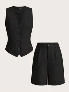Ellevyn Women's Vest And Shorts Commuting Office Style Suit - Black - View 11