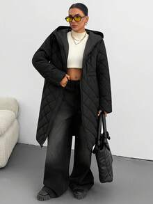 EURMUSE Women, Winter, White, Snow, Ski, Quitted, Curve Hem, Snap Button, Regular Fit, Adjustable Waist, Pocket, Zipper - Black - View 4