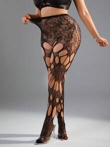 SpicyHot 1pc Plus Size Women Open Crotch Fishnet Stockings, Suitable For Pairing With Skirts - Black - View 6