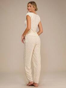 Enchnt Ladies Lace Trim Puff Sleeve Jacquard Casual Pajama Set - Apricot - View 7