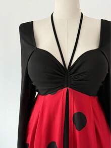 Sunspun Große Größen Marienkäfer Polka Punkt Patchwork Kontrast Farbige Taille Raffung Kleid - Schwarz - Übersicht 3