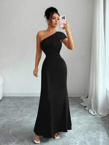 Elenzga New Arrival Women's Asymmetric Neck Ruffle Hem Asymmetrical Design Vacation Casual Cinched Waist Elegant Lady Dress