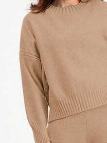 Franclia 2pcs/Set Setelan Sweater dan Celana Rajut Polos Kasual, Musim Gugur/Musim Dingin - Unta - View 6