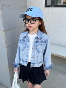 Elladie kids 女童休闲复古浅色水洗牛仔夹克，带心形口袋，面料舒适柔软，时尚日常穿着，年轻女孩外套 - 淺色水洗藍 - 查看 1