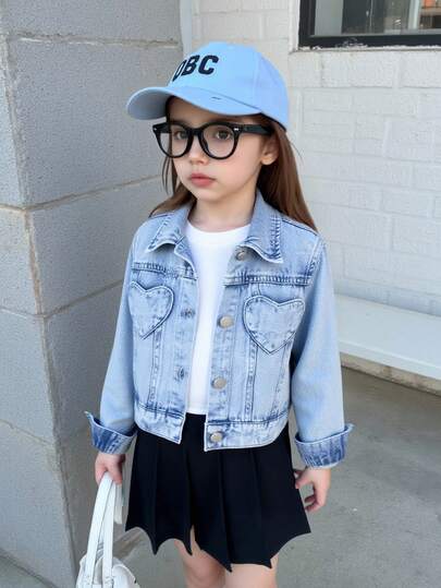 Elladie kids Girls' Casual Vintage Light Wash Denim Jacket With Heart Pockets, Comfortable Soft Fabric, Fashionable Daily Wear, Young Girl Outerwear Fall Winter