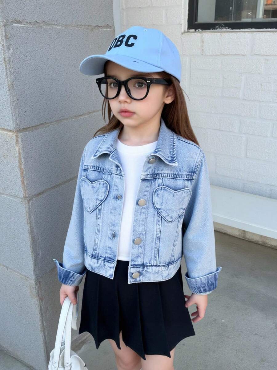 Elladie kids 女童休闲复古浅色水洗牛仔夹克,带心形口袋,面料舒适柔软,时尚日常穿着,年轻女孩外套 - 淺色水洗藍 - 查看 1