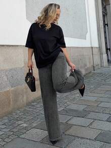 Jeta Ari Quần denim ống đứng dáng rộng có túi cho nữ - Màu Xám nhạt - Xem 4