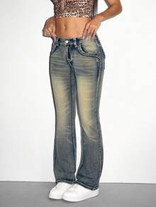 SHEIN PETITE 女式休闲水洗复古低腰喇叭牛仔裤 - 藍色 - 查看 6