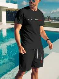 Manfinity Homme Conjunto de camiseta y pantalones cortos casuales con estampado de letras para hombre, conjunto de dos piezas informal de verano para hombres