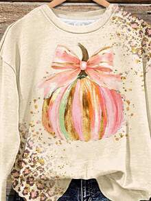 EMERY ROSE Pumpkin Graphic Crew Neck Sweatshirt With Faux Glitter Bow Accent, Halloween Sweatshirt, Halloween Digital Print Sweatshirt - Multicolor - View 3