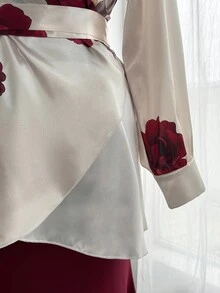 Sweetra 大码女式复古优雅V领玫瑰印花系带修身美人鱼裙两件套 - 酒紅色 - 查看 5