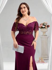 Coutiva Plus Size Formal Evening Gown (Heavily Embellished) - Red Violet - View 5