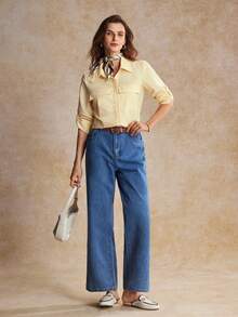 House of One Collared Button-Up Long Sleeves Blouse Top With Pockets Women Casual Autumn