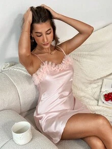 Aloruh 女式无袖荷叶边下摆睡裙粉色蕾丝秋季万圣节优雅别致派对睡衣裙 - 淺粉色 - 查看 6