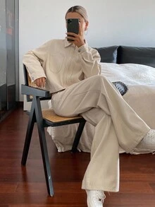 DAZY Conjunto de top corto con cuello y jeans de corte holgado para mujer - Caqui - Ver 5