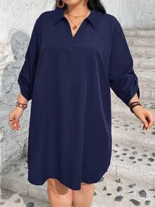 SHEIN CURVE+ 大码女士万圣节彩色格子印花长袖衬衫领连衣裙、情人节连衣裙、情人节、玫瑰、心形、波尔卡圆点、爱心、嘴唇、丘比特、3D 花朵、女士夏季服装、女士太阳裙、女士海滩服装/沙滩裙/海滩度假服装/海滩必备品/毕业/茶会礼服 - 藏蓝色 - 查看 3