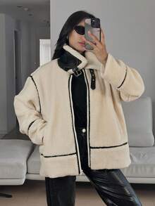 Livesso Autumn/Winter New Loose Casual Faux Shearling Motorcycle Jacket For Women Coats - Beige - View 5