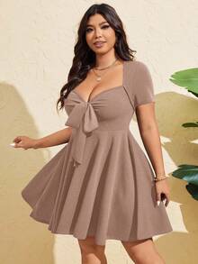 SHEIN MOOSTA Váy bó sát tay ngắn buộc dây phía trước gợi cảm cỡ lớn dành cho nữ, mùa hè - Màu Khaki - Xem 2