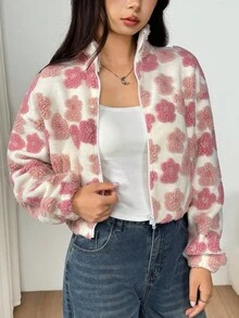 SHEIN 少女金属拉链立领口袋花卉羊羔绒纹理面料休闲通勤优雅外套夹克，秋冬 - 粉色 - 查看 12