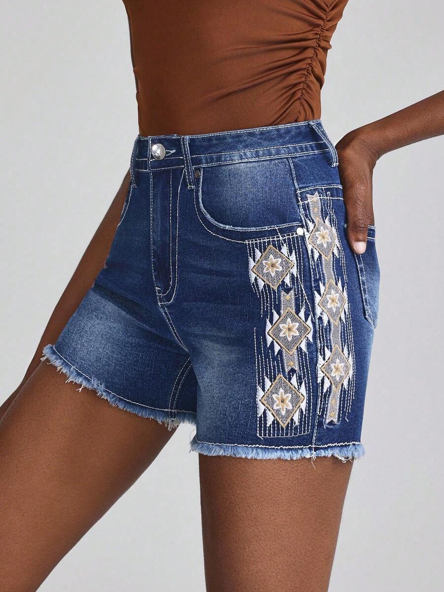 Slaydiva Casual Versatile Embroidered Distressed Denim Shorts For Women - Blue - View 1
