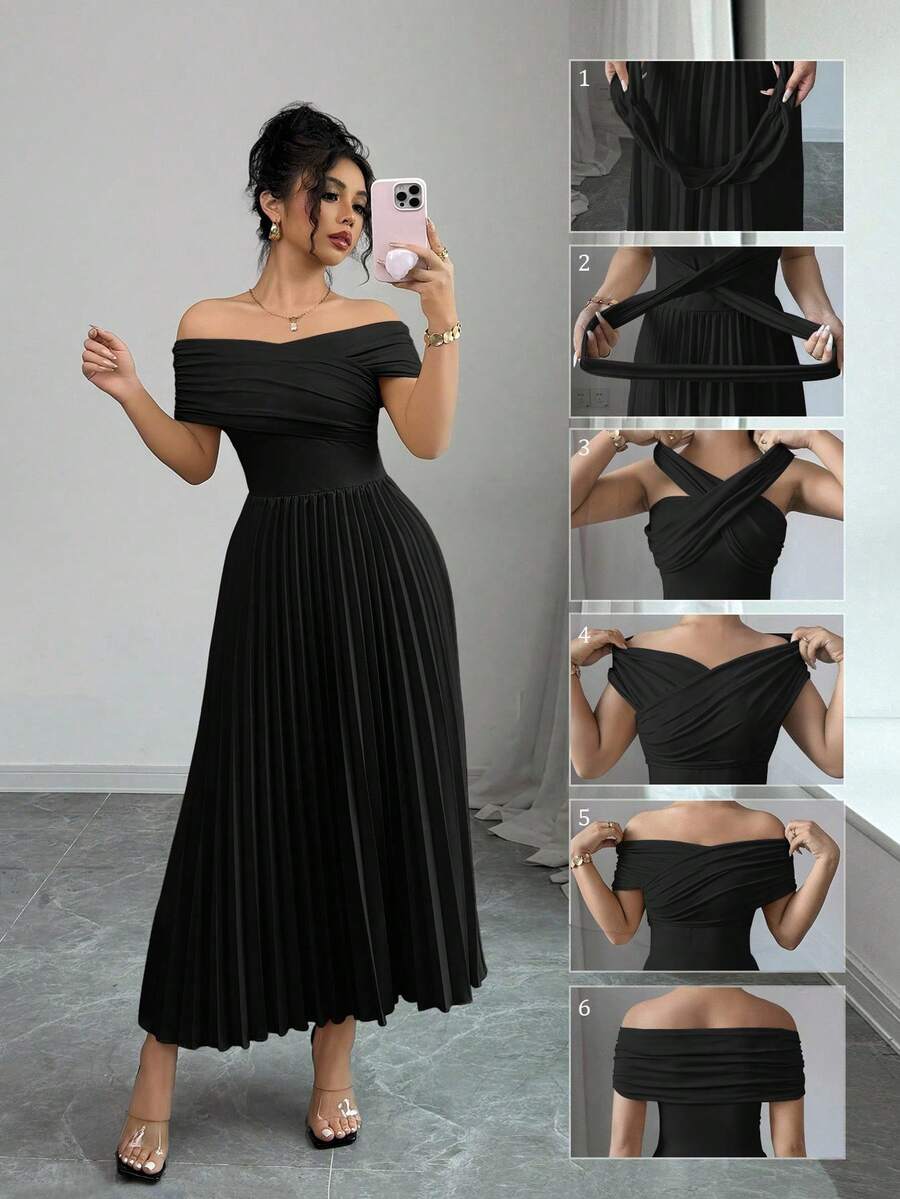 Elenzga 露肩百褶腰女式连衣裙 - 黑色 - 查看 1