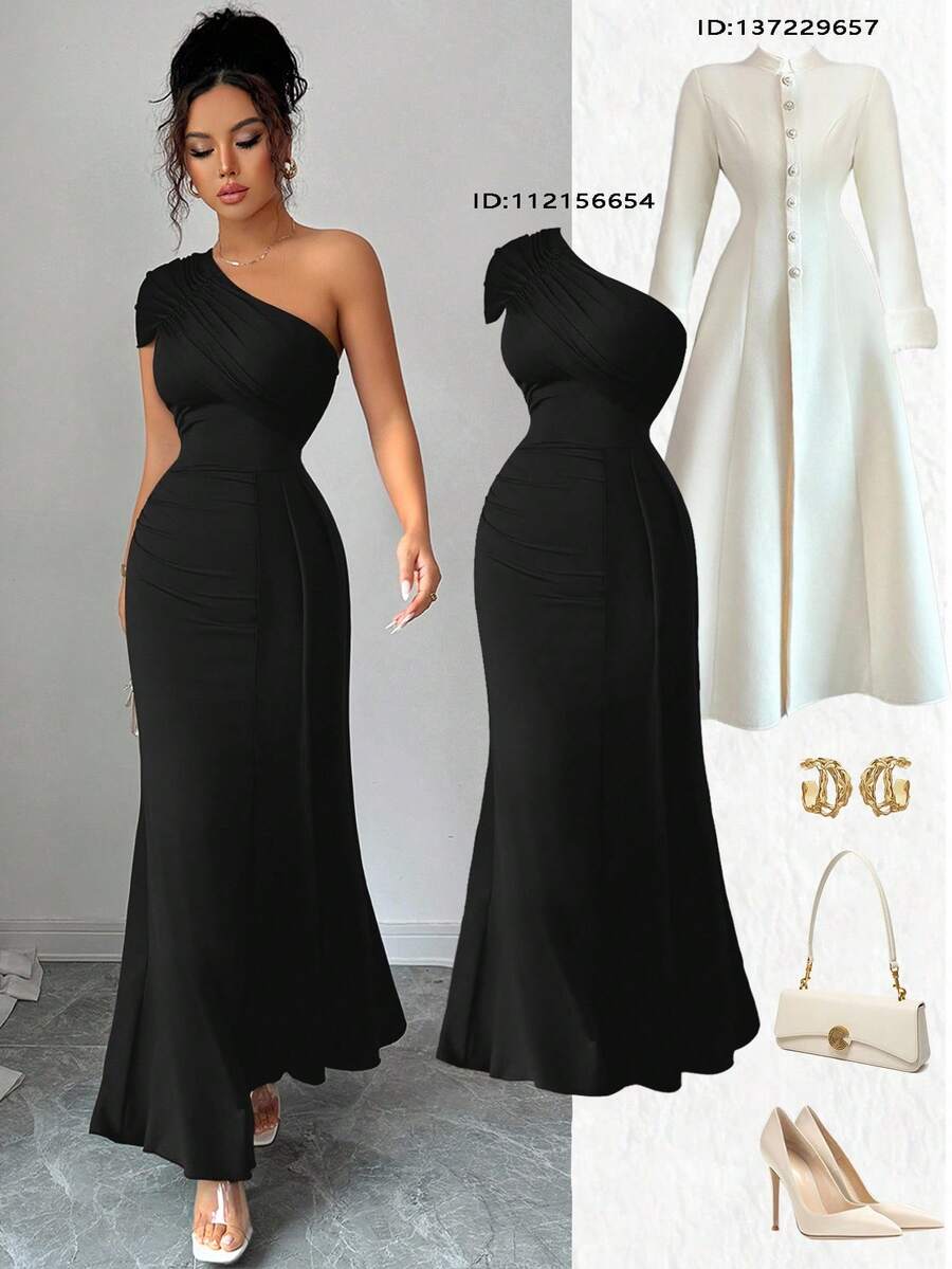 Elenzga New Arrival Women's Asymmetric Neck Ruffle Hem Asymmetrical Design Vacation Casual Cinched Waist Elegant Lady Dress