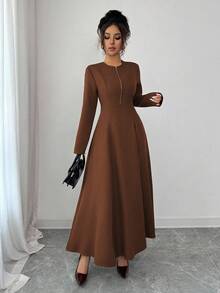 Elenzga Gaun Midi Wanita Elegan Warna Cokelat Kopi, Leher Bulat, Resleting Depan, Desain Mewah, Pas di Pinggang, Lengan Panjang Mengembang, Cocok untuk Bepergian di Musim Gugur - Kopi - View 4