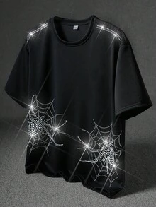 Manfinity EMRG 男士创意闪亮钻石排列蜘蛛图案时尚街头风黑色T恤 - 黑色 - 查看 1