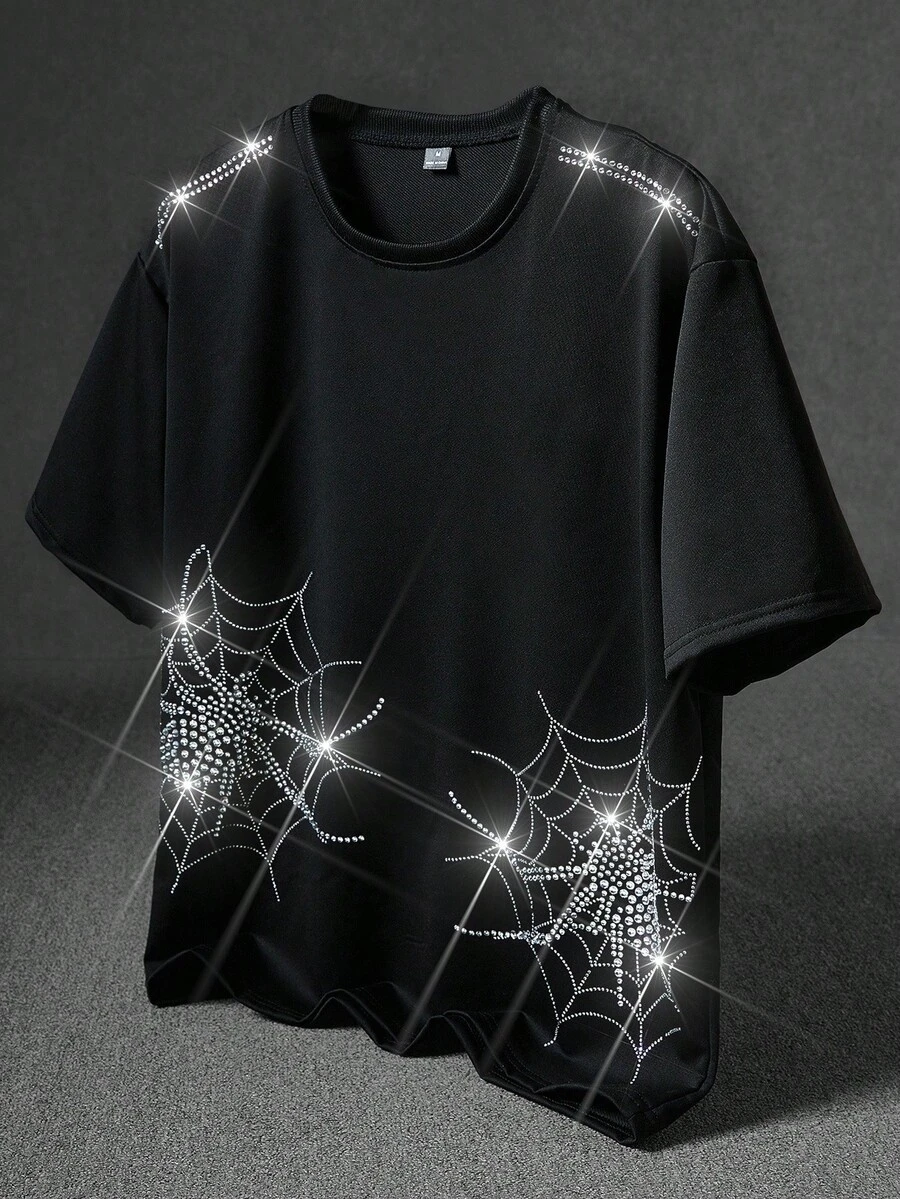 Manfinity EMRG 男士创意闪亮钻石排列蜘蛛图案时尚街头风黑色T恤 - 黑色 - 查看 1