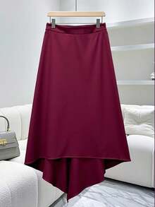 Franclia Fashionable Asymmetric Hem Rose Floral Design High Waist A-Line Skirt For Women, Autumn/Winter Fall Cloth For Women - Burgundy - View 2
