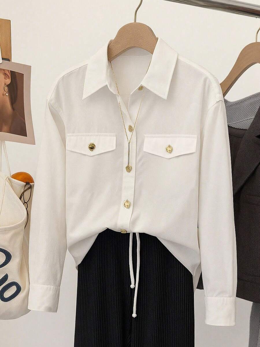 Franclia Women's Asymmetrical Button Decor Commuter Blouse - White - View 1