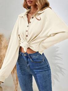 EMERY ROSE Women's Casual Waffle Knit Button Accent Dropped Shoulder Loose Fit Long Sleeve T-Shirt