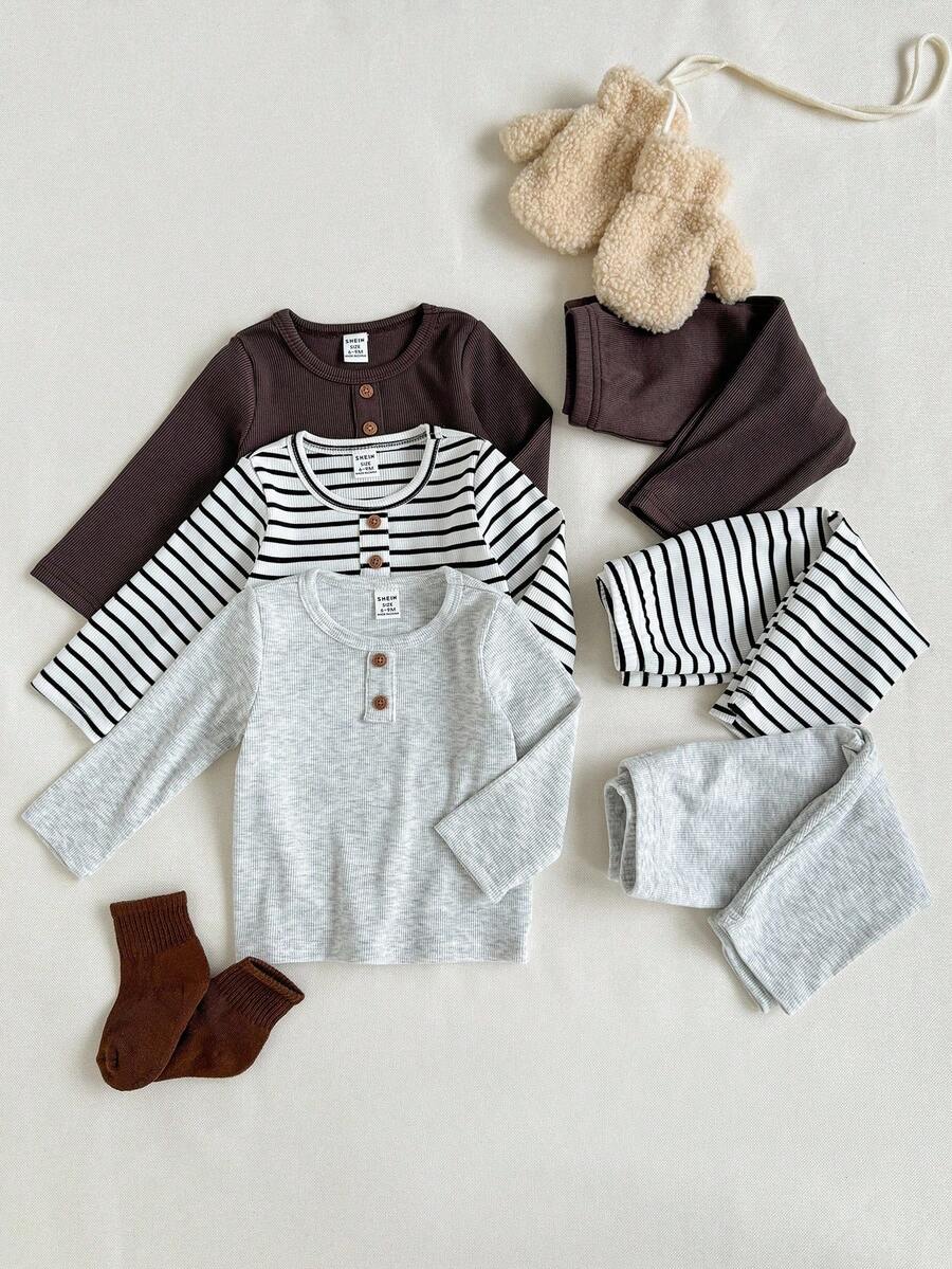 SHEIN 6pcs Set Baby Boy Casual Solid Color Ribbed Front Button Decor Long Sleeve Top And Elastic Waist Pants Set, Soft & Comfortable For Autumn/Winter, Suitable For Everyday Wear Fall - Multicolor - View 1