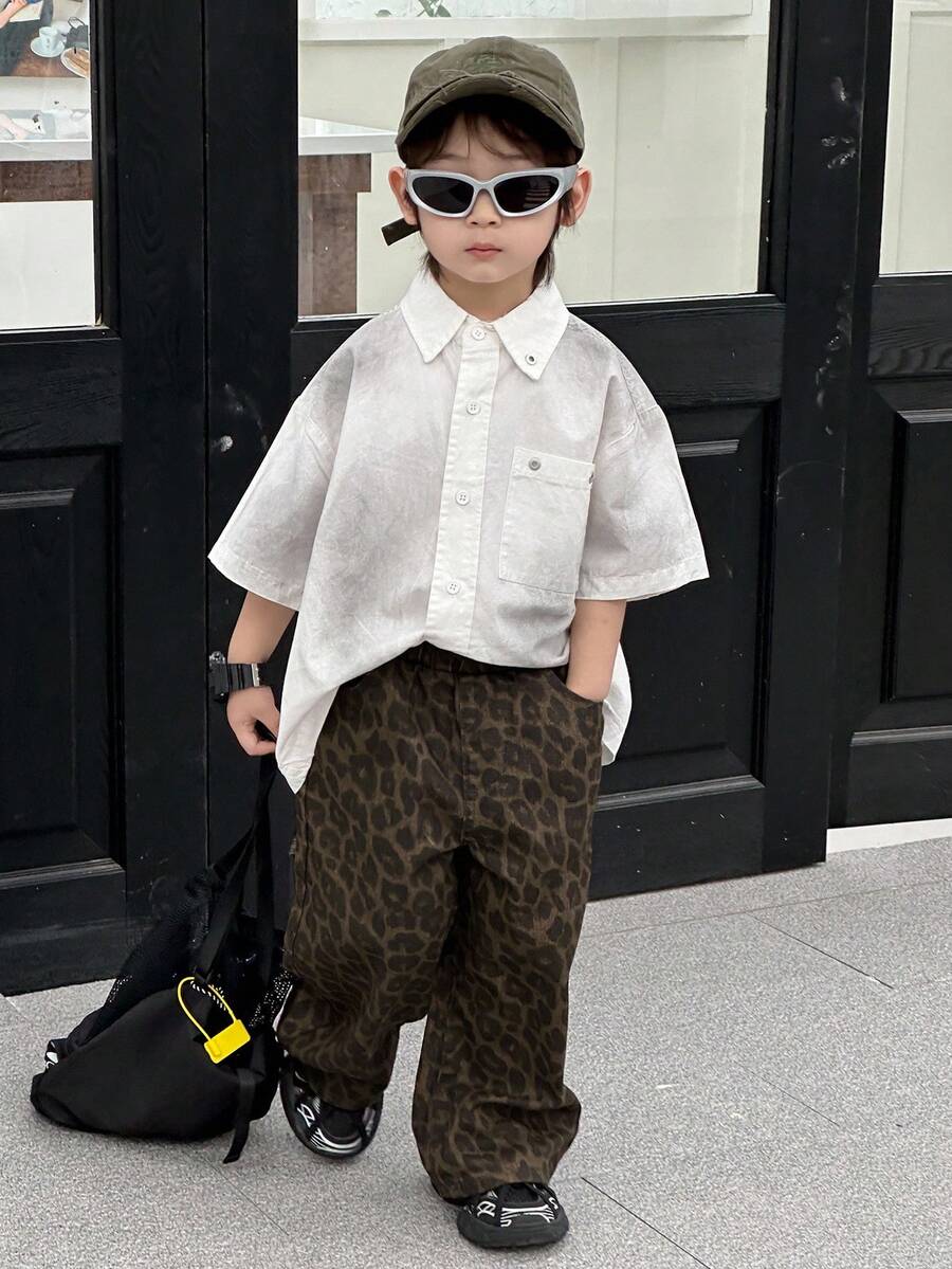 Dazy Kids 幼儿男童宽松直筒豹纹牛仔裤，秋季街头风格裤子