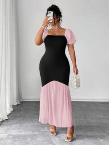 Elenzga 永不过时的古怪优雅系列（Woe Is Me Vibes）（星期三美学）黑色网眼拼布泡泡袖优雅连衣裙 - 彩色 - 查看 6