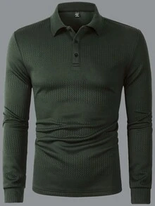 Manfinity Homme 男士休闲纯色长袖 Polo 衫，百搭秋冬 - 軍綠色 - 查看 3